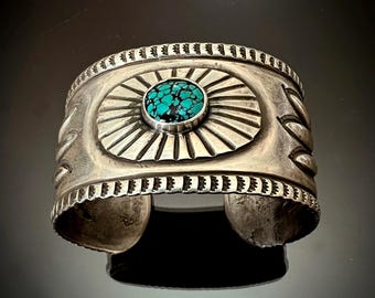 Jock Favour Ingot Silver and Turquoise Native Cuff Bracelet Coin