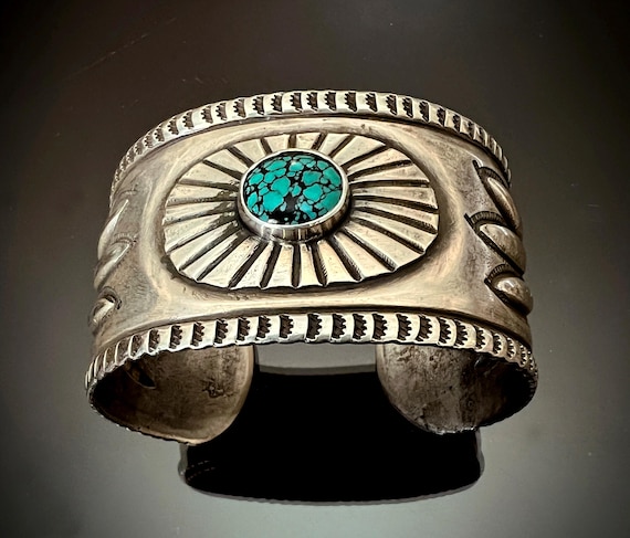 Heavy Ingot Silver Navajo Cuff Bracelet with Turquoise c.1900, Size 7
