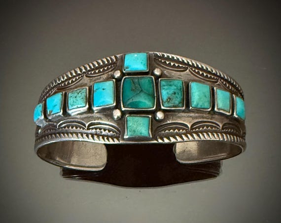 Navajo Ingot Coin Silver Turquoise Cross Bracelet Circa 1920-30 Size 6 1/2