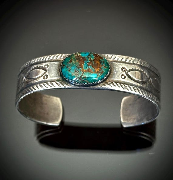 Early 20th Century Navajo Ingot Cuff Bracelet w Turquoise Size 6 5/8