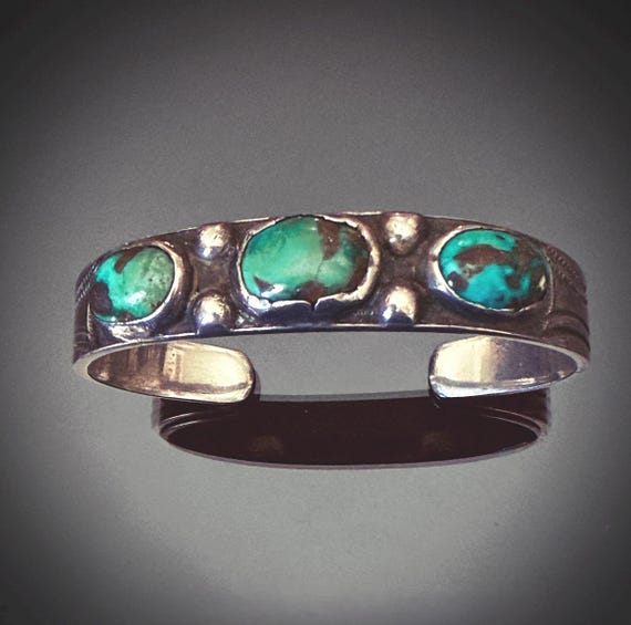 Early Navajo Ingot Silver 3 Stone Turquoise Bracelet Size 6 3/4