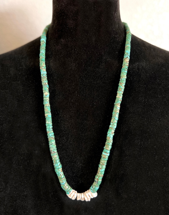 Long Jacla Style Turquoise and Shell Vintage Pueblo Necklace