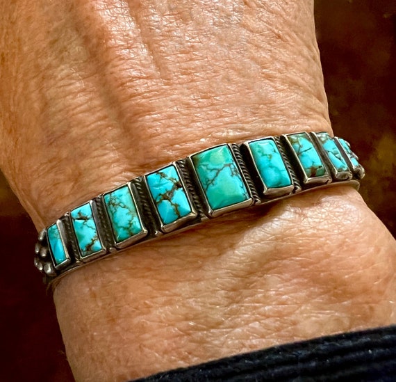 Ingot Silver Navajo Turquoise Cuff Bracelet with 9 Square Cabochons