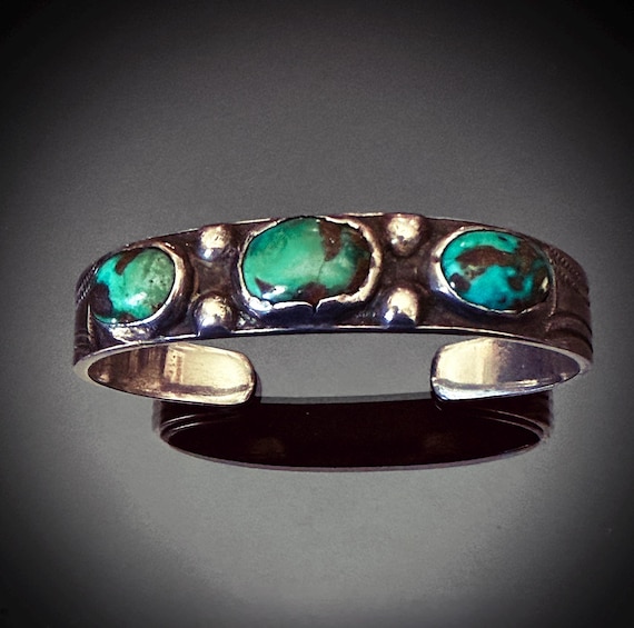 Early Navajo Ingot Silver 3 Stone Turquoise Bracelet Size 6 1/2