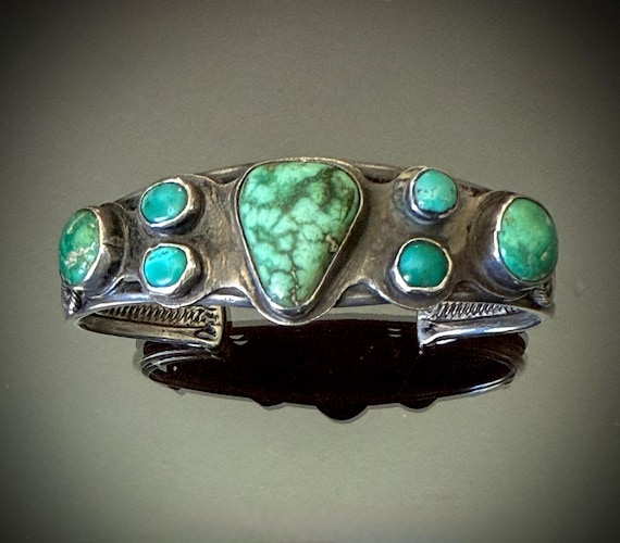 Early Pueblo or Navajo Cuff Bracelet with 7 Turquoise Cabochons Size 6 1/2
