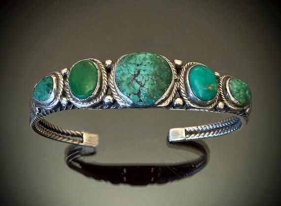 Circa 1910 Navajo or Pueblo Bracelet w 5 Cerrillos Turquoise Stones, Size 7