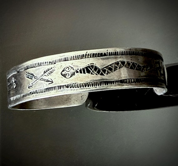 Ingot Silver Cuff w Snakes and Arrows Size 6 3/4
