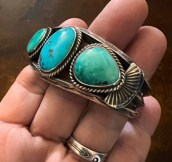 Navajo 3 Stone Turquoise and Silver Bracelet c. 1930 Size 6.25