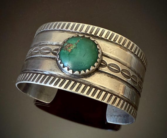 ON HOLD** Wide Navajo Silver Cuff with Round Turquoise Stone in Sawtooth Bezel Size 7 1/
