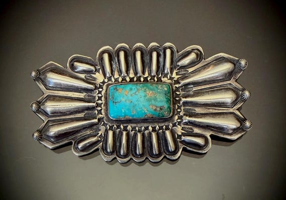 Navajo Ingot Silver Manta Pin with Turquoise Cabochon 1900-1920
