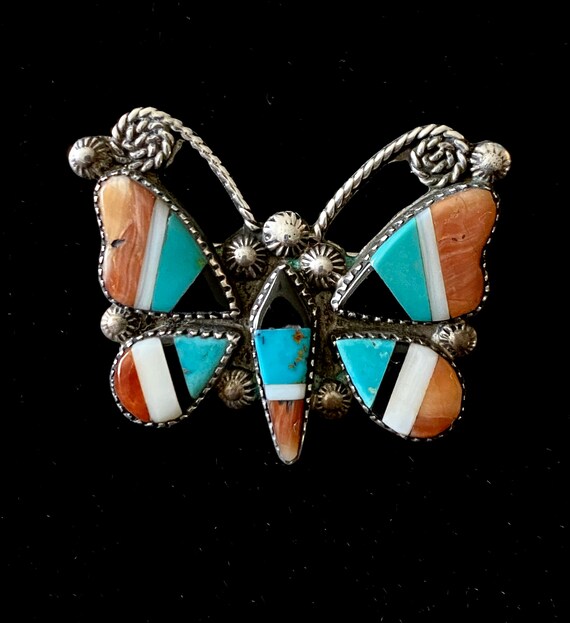 c. 1940 Vintage Zuni Butterfly Pin with Turquoise, Spiny Oyster, Jet, and MOP