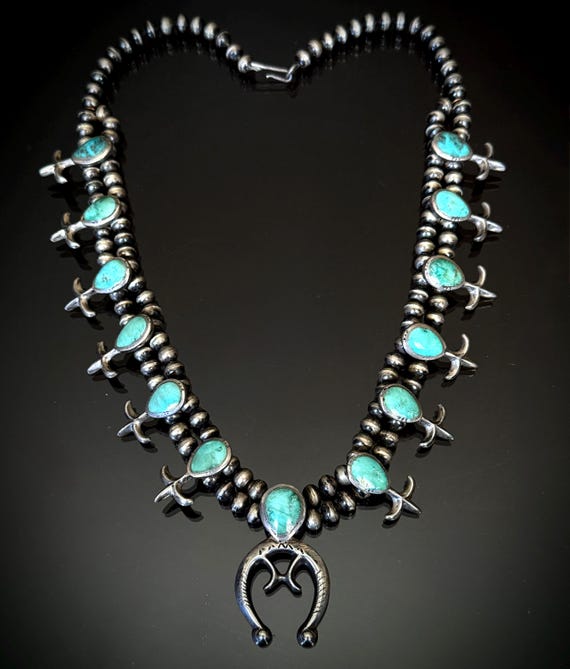 Navajo or Pueblo Fleur De Lis Turquoise "Squash" Blossom Necklace, Circa 1940