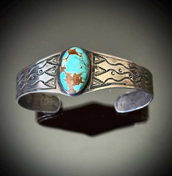 Navajo Ingot Silver Bracelet w Domed Number 8 Turquoise  Sz 6 3/4
