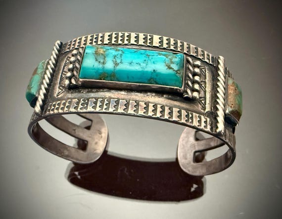 Stunning Navajo Silver and Turquoise Cuff Bracelet W Snakes and Arrows Size 7 1/8
