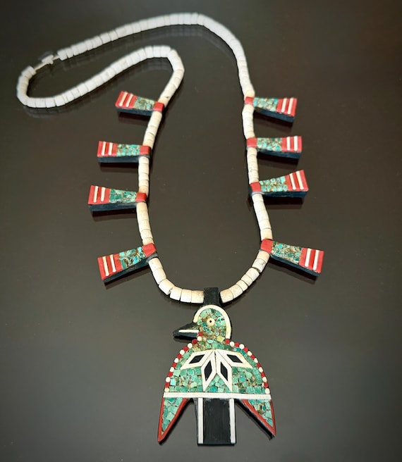 Unique 1930s Santo Domingo Pueblo Battery Bird Necklace, 26"