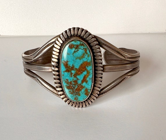 Vintage Navajo Bracelet Cuff with Large Oval Turquoise Cabochon