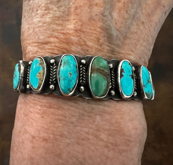 Navajo Ingot Silver Row cuff Bracelet w 7 Turquoise Cabochons c.1930