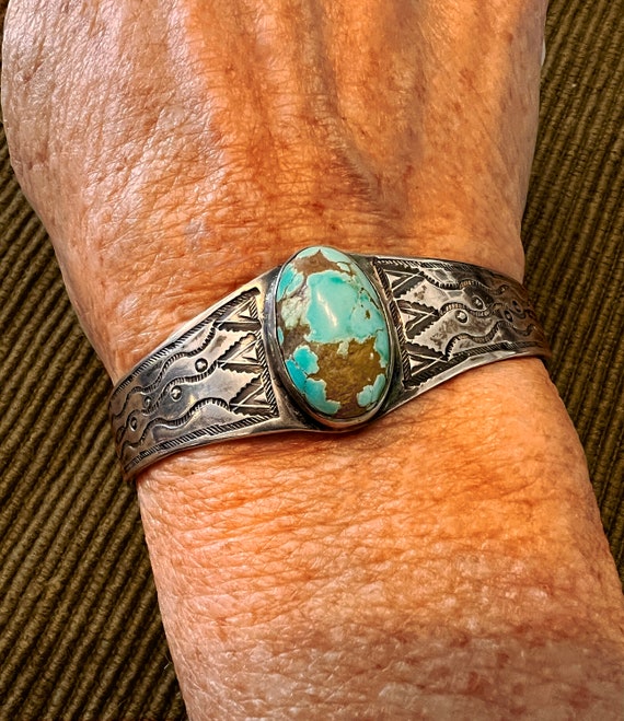 Navajo Ingot Silver and Domed Turquoise Cabochon Cuff Bracelet Sz 6 3/4