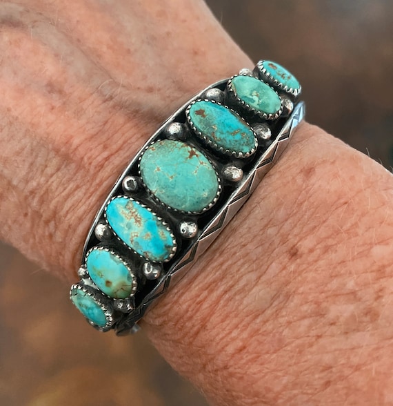 Vintage Navajo Row Bracelet with 7 Lone Mountain Turquoise Stones