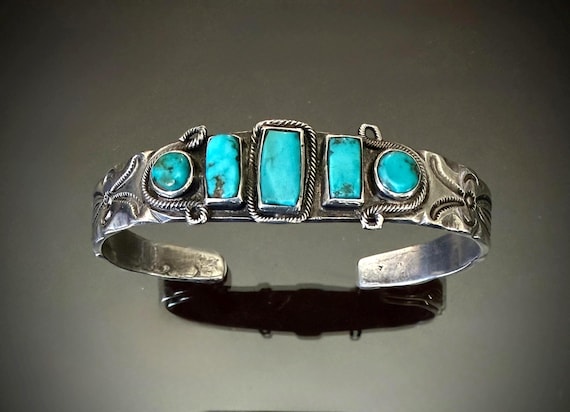 Ingot Silver Pueblo Bracelet with 5 Turquoise Cabochons Circa 1910-20 Size 6 5/8