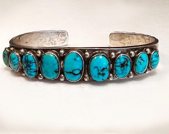 Navajo 9 Stone Turquoise Cabochons on Stamped Ingot Silver Cuff 1920s-30s