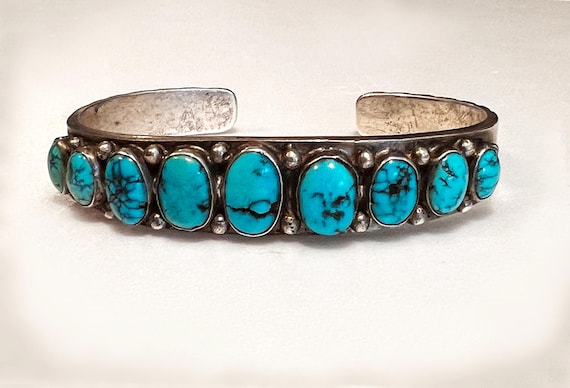 Navajo 9 Stone Turquoise Cabochons on Stamped Ingot Silver Cuff 1920s-30s