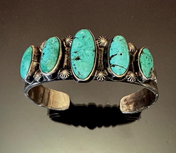 Heavy Ingot Silver Navajo Row Bracelet Size 6 1/2, Circa 1920-30