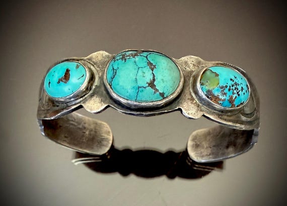 Early 20th Century Navajo 3 Stone Turquoise Ingot Bracelet, Size 7.5