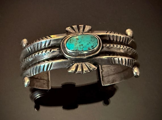 Early Navajo Heavy Ingot Silver and Turquoise Cuff, Size 7 1/2