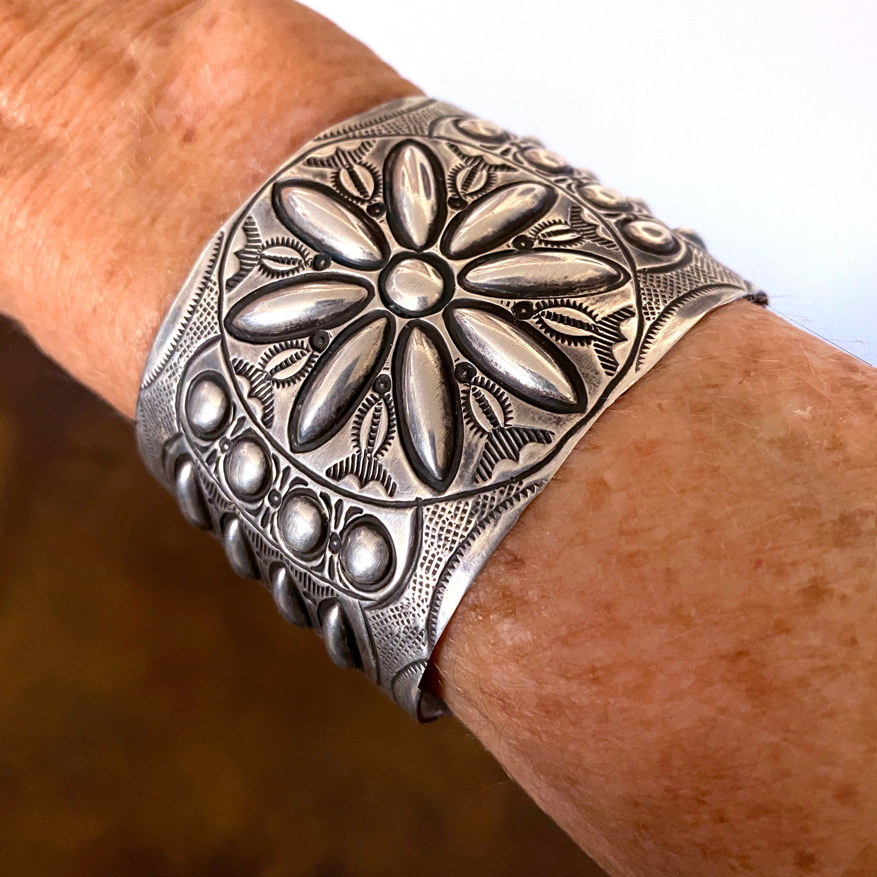 Item #913R- XLG Wide Navajo Stamped Symbols Repousse Sterling Silver Cuff  Bracelet by V&C Hale —Men's and Women's Sterling Silver and Gold Bracelets-  EAGLE ROCK TRADING POST-Native American Jewelry