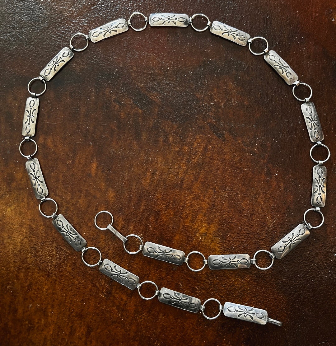 Vintage Silver Chain Link Concho Belt W Stamped Rectangle Conchos Etsy