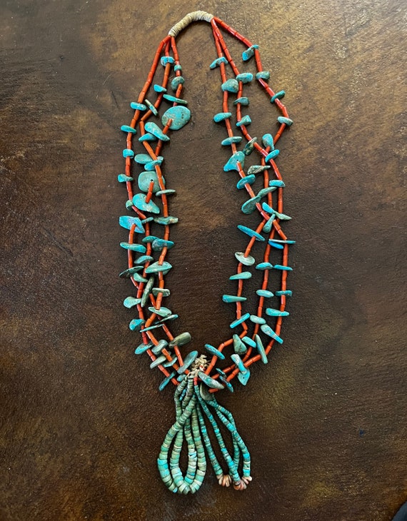 Early 3 Strand Coral and Turquoise Pueblo Tab Necklace with 2 Pair of Jaclas