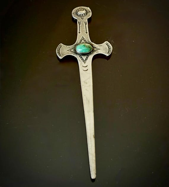 Navajo Stamped Silver Letter Opener w Turquoise circa 1920-30