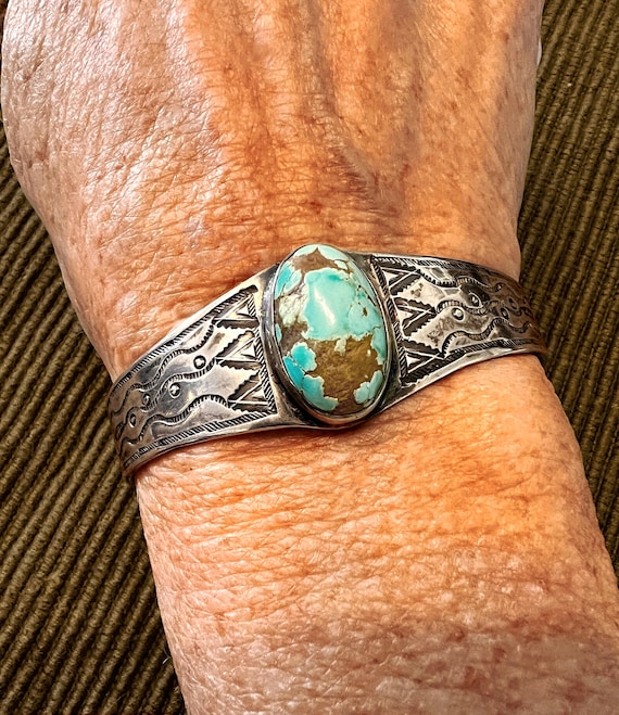 Navajo Ingot Silver and Domed Turquoise Cabochon Cuff Bracelet Sz 6 3/4
