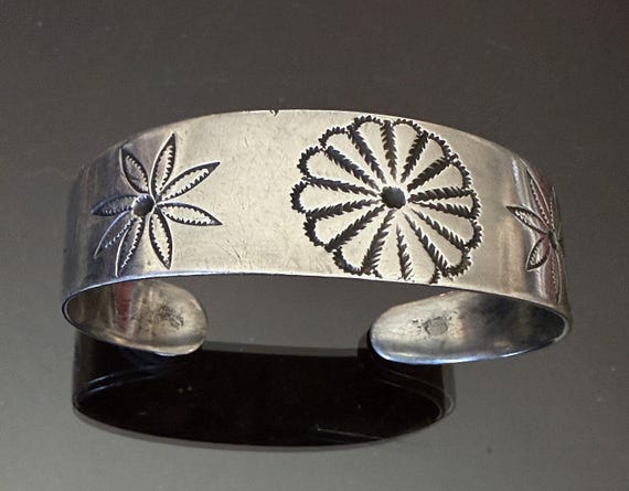 Ingot Silver Pueblo Cuff Bracelet with Floral Designs Size 6 5/8 circa 1890-1900