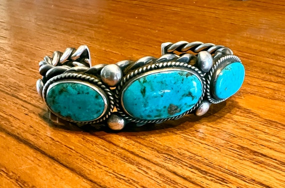 Navajo Cuff Made of Heavy Hand Drawn Twisted Silver Wire and 3 Turquoise Stones