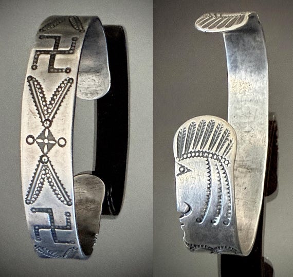 Ingot Silver Navajo Cuff with Indian Heads on Terminals, Size 7, circa 1900-1910