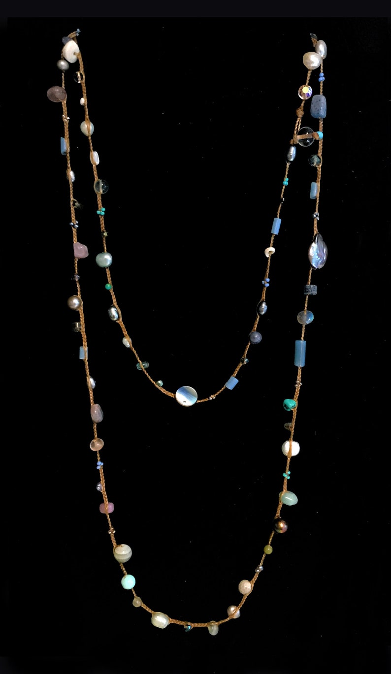 Shell One of a Kind Hand Braided Semi Precious Stones and Turquoise Beaded Necklace with Pearls