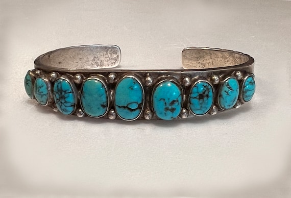 Navajo 9 Stone Turquoise Cabochons on Stamped Ingot Silver Cuff 1920s-30s