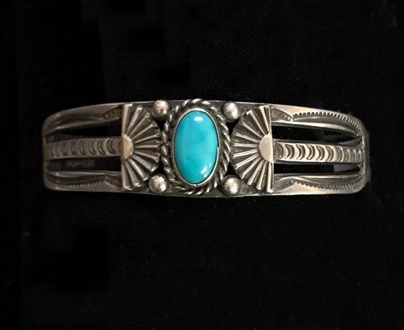 Navajo Made Silver and Turquoise Cuff Bracelet Marked UITA 22 (United Indian Traders Association)