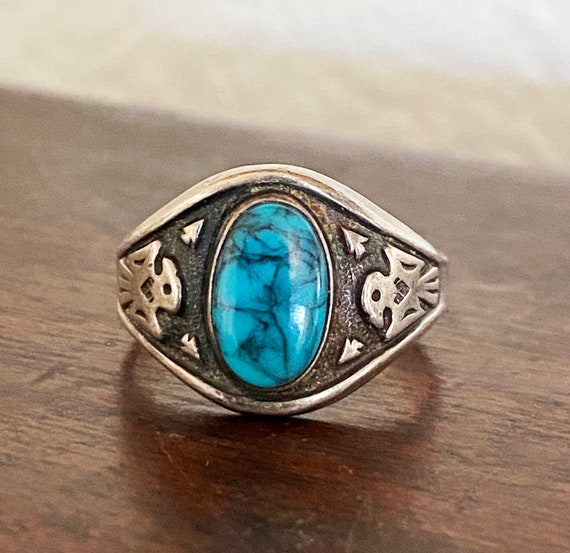 Vintage Bell Trading Post Turquoise Navajo Ring w Thunderbirds Size 8