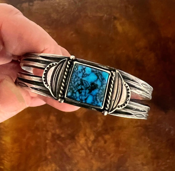 Navajo Ingot Silver Spiderweb Turquoise Bracelet w Stamp and Chisel Work  Size 6 1/2