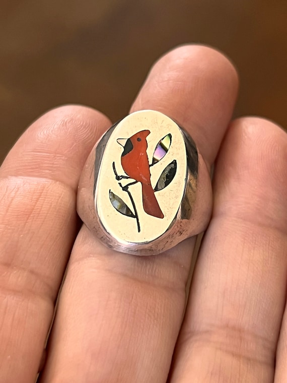 Cardinal Inlay Ring by Zuni Artists Derrick and Nichelle Edaakie