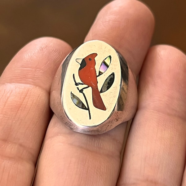 Cardinal Inlay Ring by Zuni Artists Derrick and Nichelle Edaakie