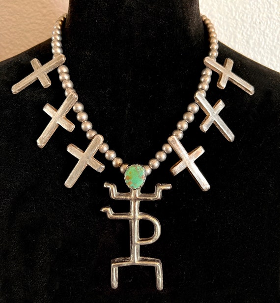 Navajo Cast Four Armed Man Pendant Necklace w/Turquoise, 6 Crosses & Silver Trade Beads