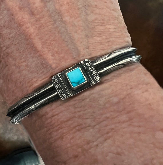 Vintage Double Carinated Bracelet with Square Turquoise Cabochon