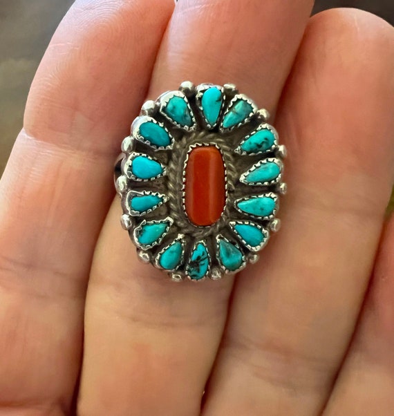 Vintage Zuni Coral and Turquoise Satellite Ring Size 7