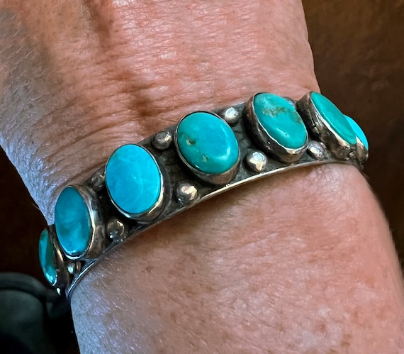NAVAJO Silver Turquoise Edge Bangle 925 NativeAmerican Bracelets