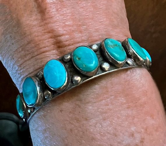 Vintage Navajo 7 Stone Turquoise Row Bracelet - Mission San Juan Capistrano