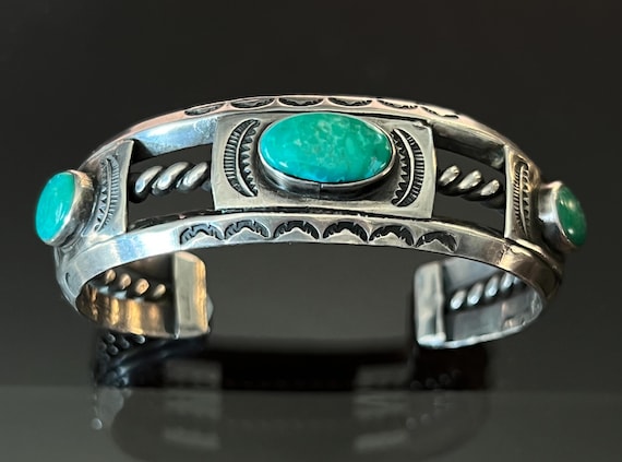 Navajo 3 Stone Turquoise Bracelet c. 1920-30 Size 6 3/4